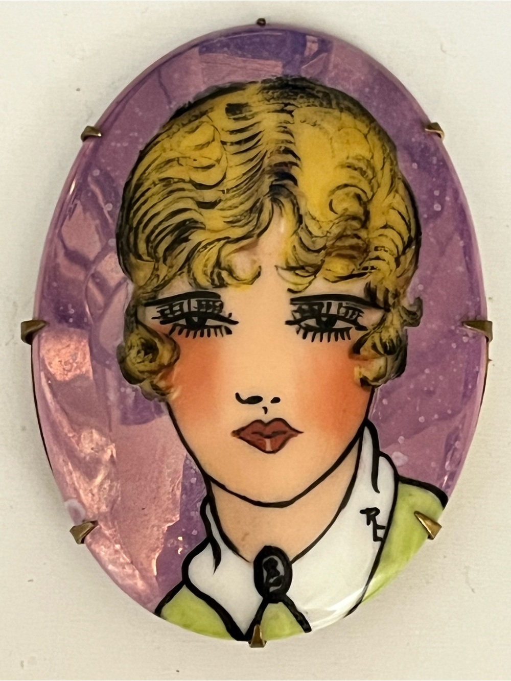Antique 1920s Flapper Art Deco Hand Painted Portrait Brooch